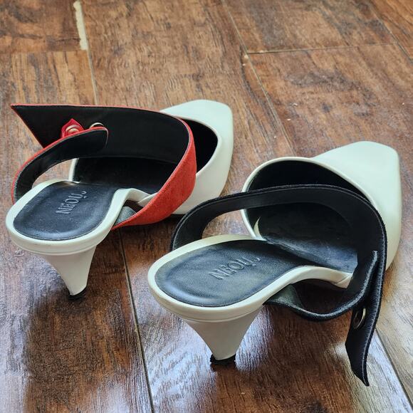 Neous Kitten Cone Heels Open Back EU 39 US 8.5 White Colorblock Suede Straps - Picture 8 of 10